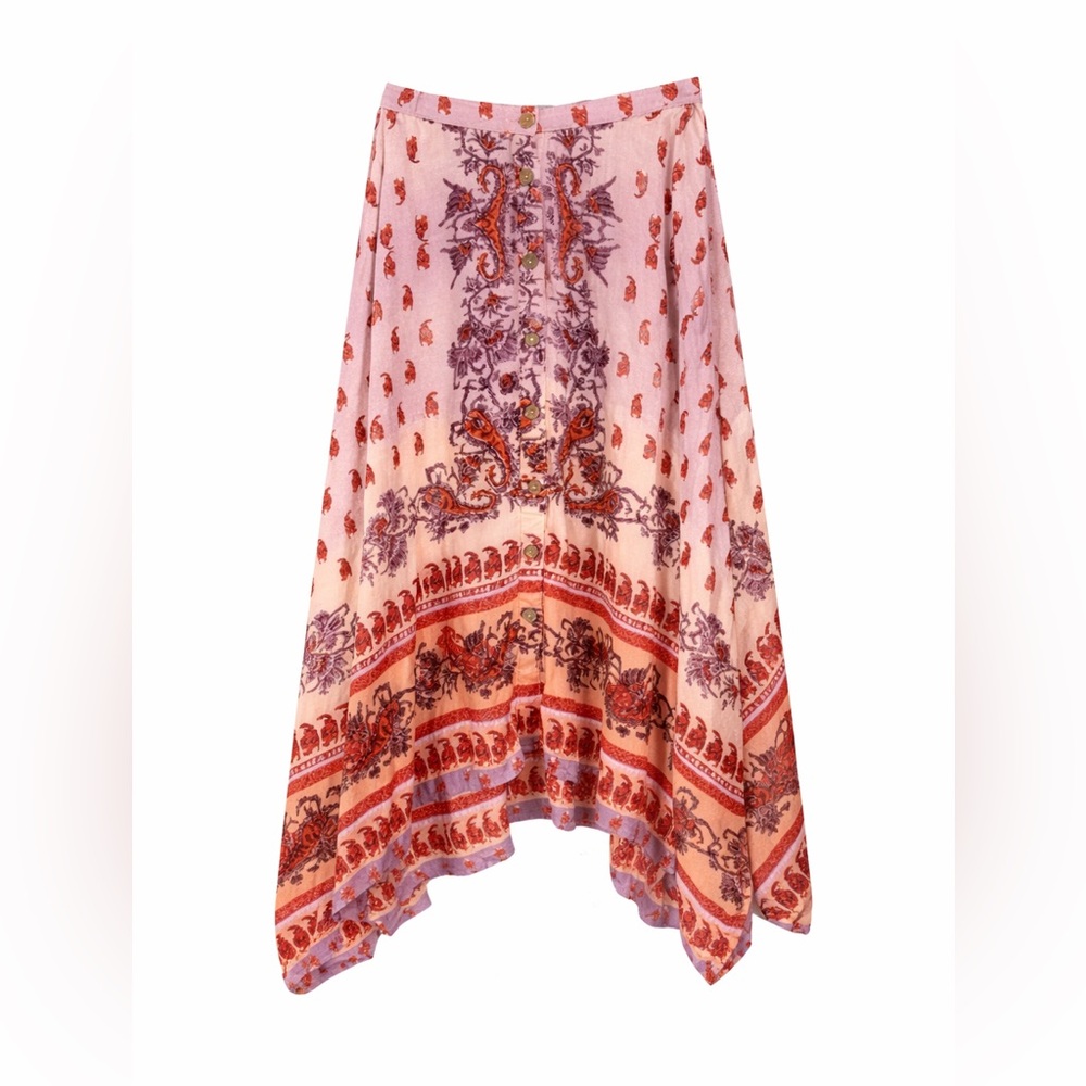 Angie Boho Paisley Midi Skirt Pink Rayon Hanky Hem Festival Y2K Chic- Large - Picture 1 of 7